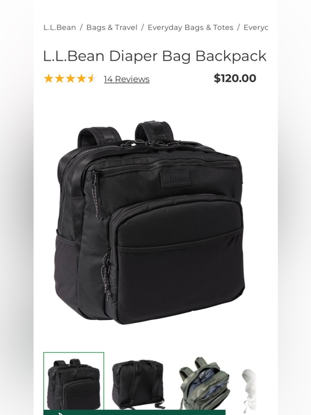 L.L. Bean Black Large Diaper Backpack - Must have!